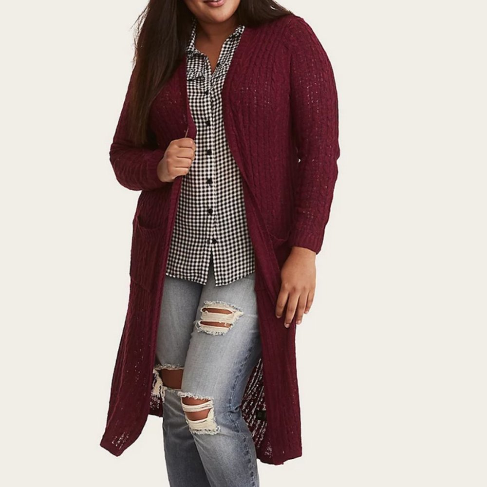 Torrid Duster Open Front Cable Knit Sweater Duster Cardigan Lightweight Knit 1X